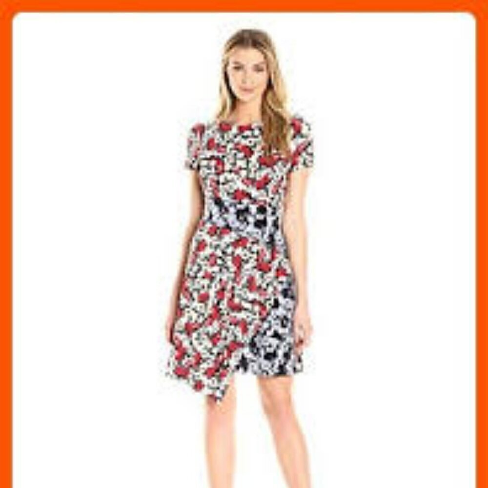 Maggy London Preppy Pansy Red Blue White Floral Asymmetrical Hem Jersey Dress